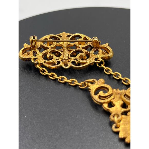 Florenza Signed Designer Mogul Gold Tone Faux Pearl Dangle Chain Brooch - Picture 7 of 8